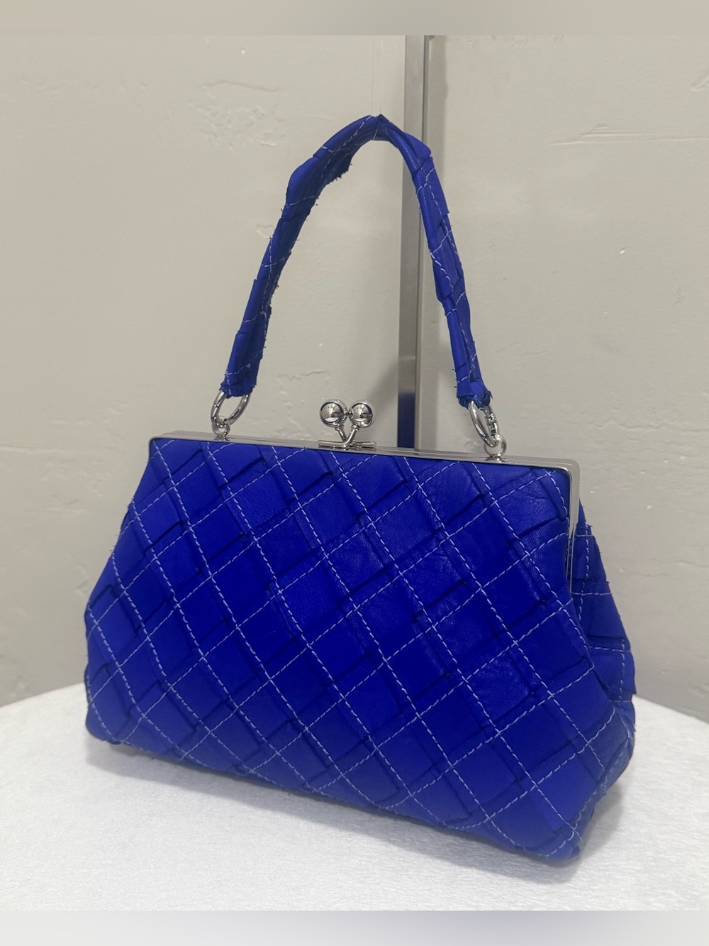 Blue Genuine Woven Leather Kisslock Frame Boxy Bag, Crossbody